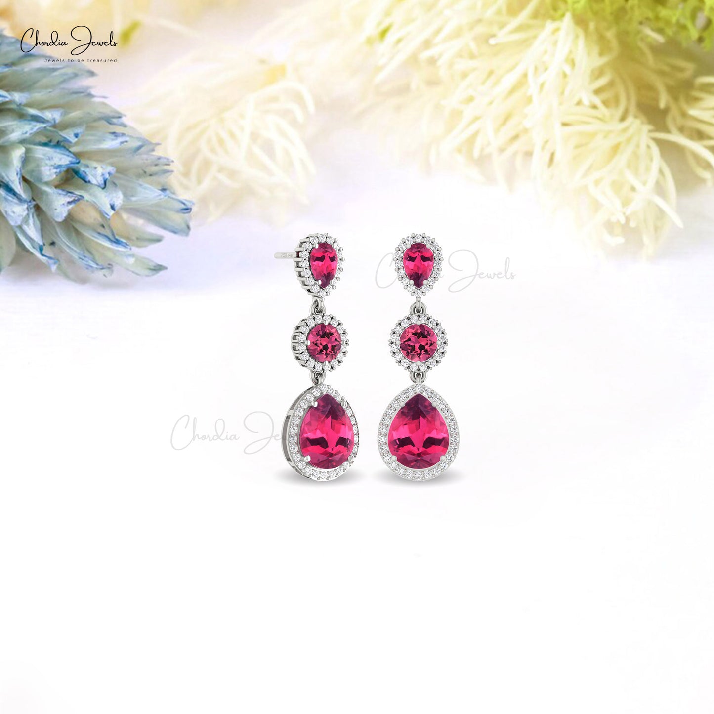 Three Stone Pink Tourmaline & Diamond Halo Drop Dangle Earrings In 14k Real Gold Jewelry