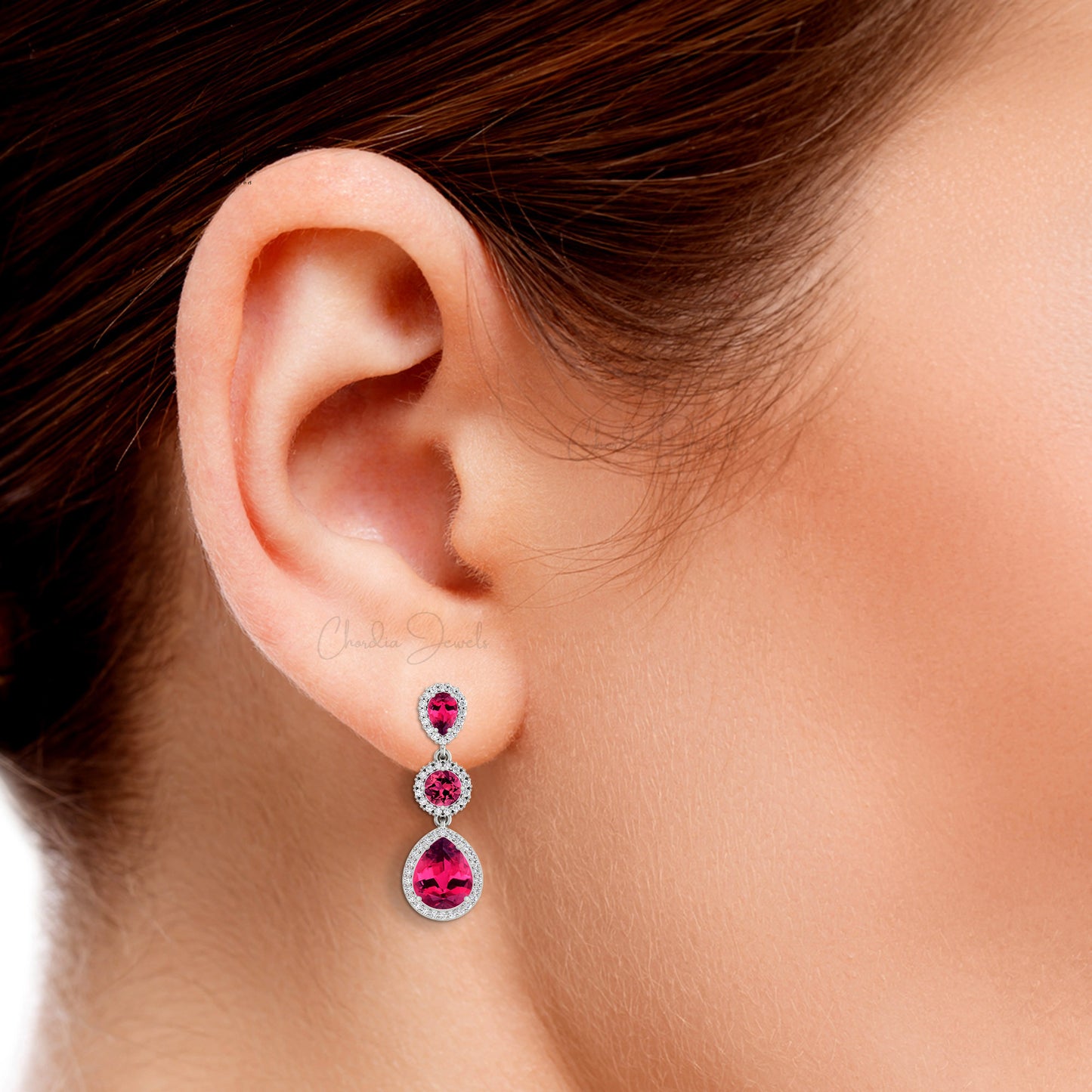 Three Stone Pink Tourmaline & Diamond Halo Drop Dangle Earrings In 14k Real Gold Jewelry