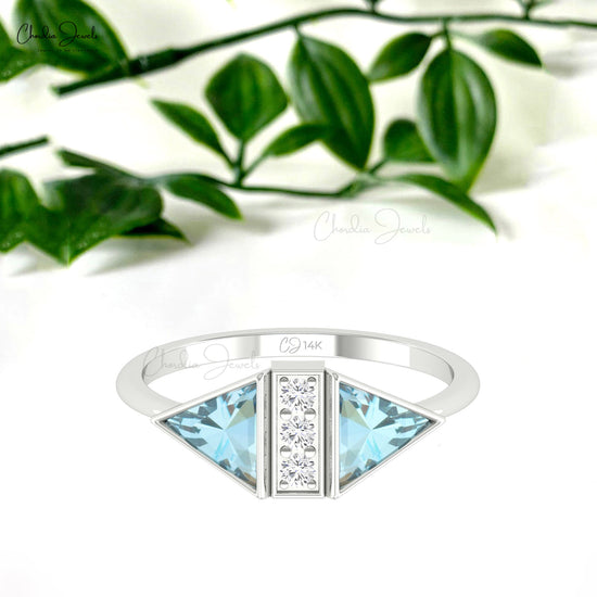 Natural 6mm Triangle Aquamarine And Diamond Accents in 14k Solid Gold Bezel Set Ring