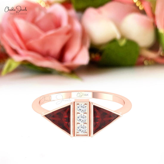 Diamond accented Ring Real 14k Gold Triangle Cut 0.5 CT Garnet Gemstone Ring