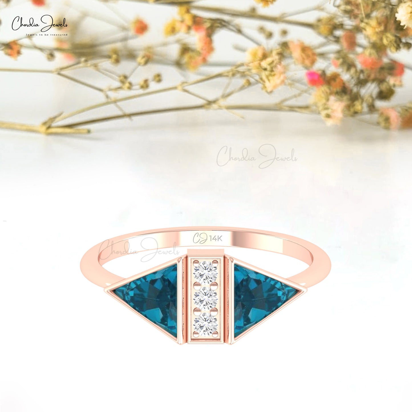 Diamond Accented Ring With 6mm London Blue Topaz 14k Solid Gold Bezel Set Ring For Mom