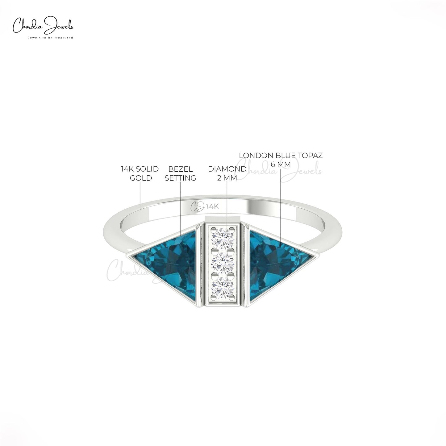 Diamond Accented Ring With 6mm London Blue Topaz 14k Solid Gold Bezel Set Ring For Mom