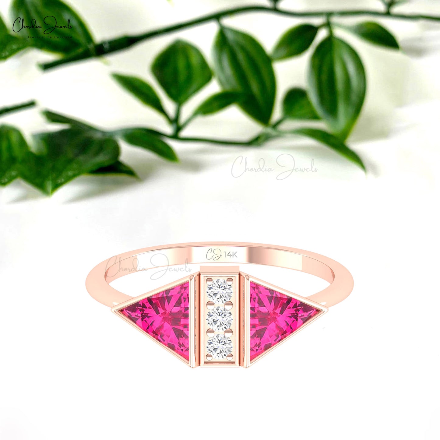 Bezel Set  Pink Tourmaline And Diamond Accented Ring in 14k Solid Gold