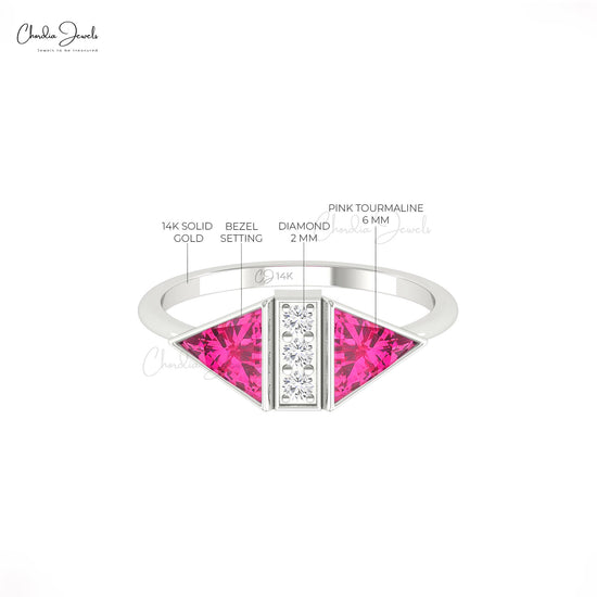 Bezel Set  Pink Tourmaline And Diamond Accented Ring in 14k Solid Gold