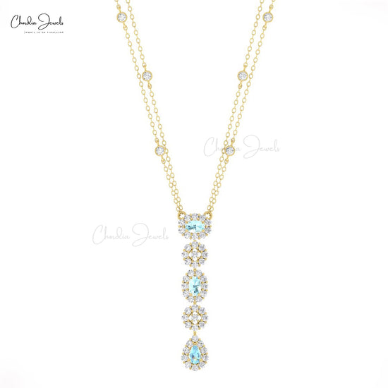 Lariat Dangle Necklace In 14k Solid Gold With 0.63 Ct Aquamarine & Diamond Halo Necklace