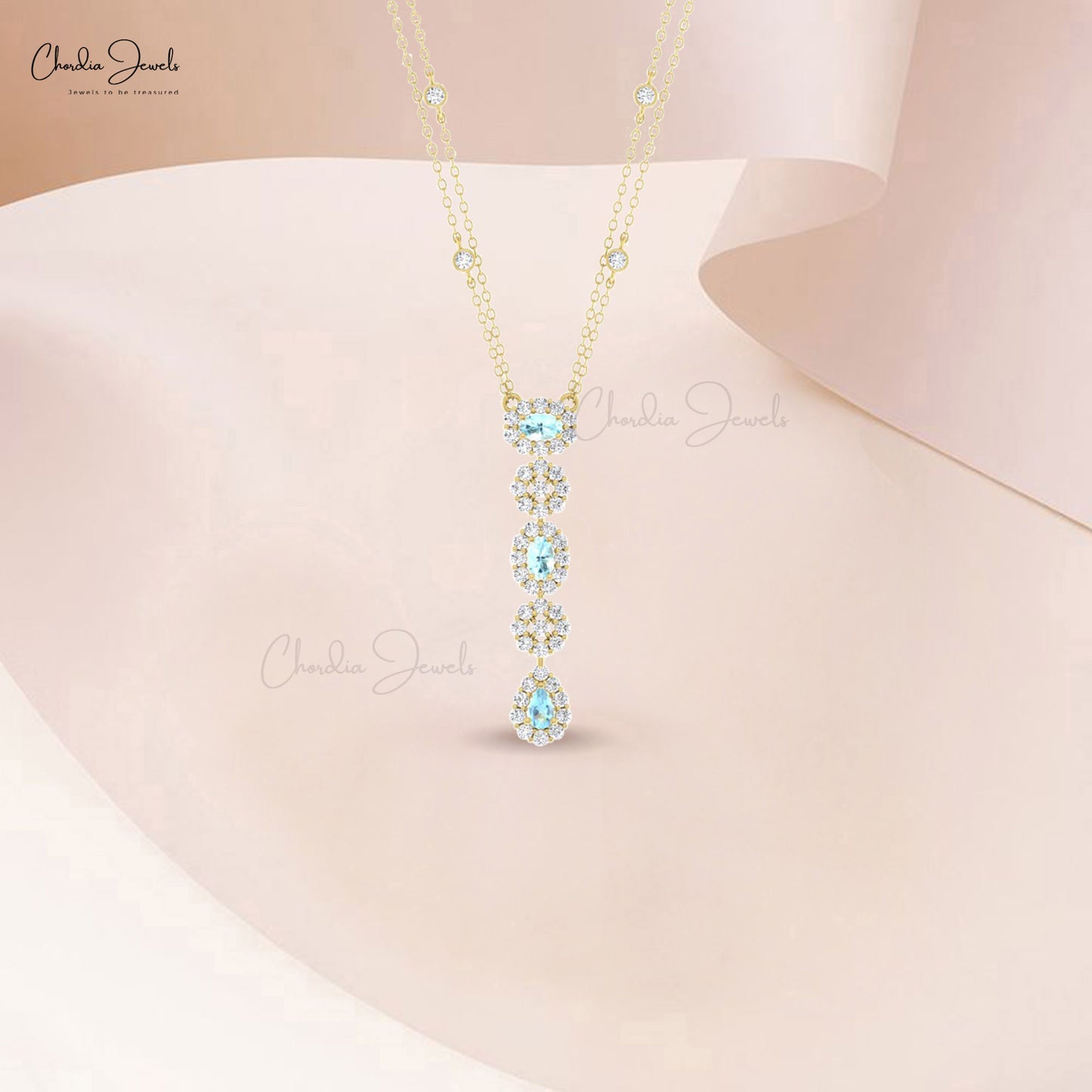 Lariat Dangle Necklace In 14k Solid Gold With 0.63 Ct Aquamarine & Diamond Halo Necklace