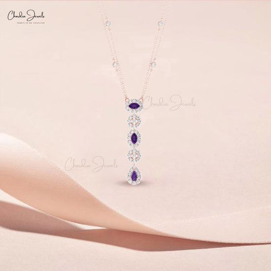 Halo Diamond With 5x3mm Purple Amethyst 14k Solid Gold Lariat Chain Necklace For Wife