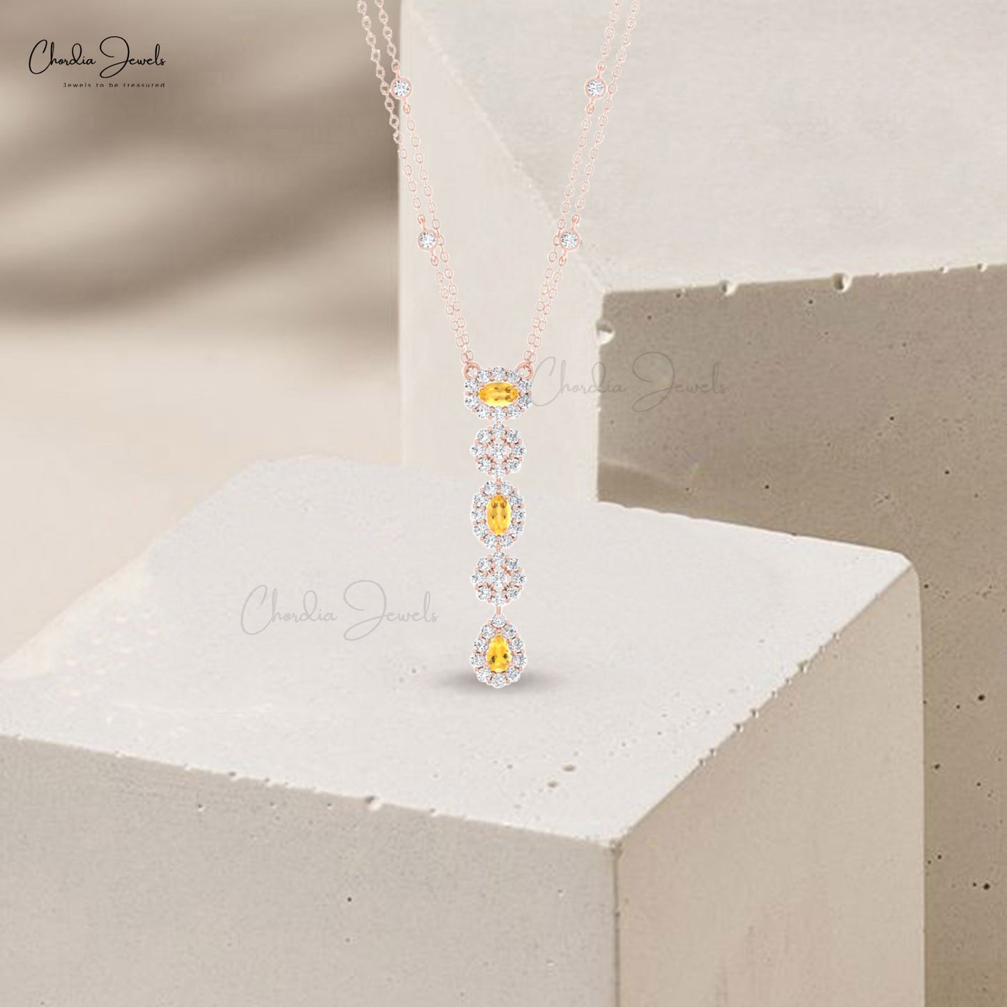 Solid 14k Gold Halo Lariat Necklace With 5x3mm Citrine And Diamond Accents Bridal Necklace