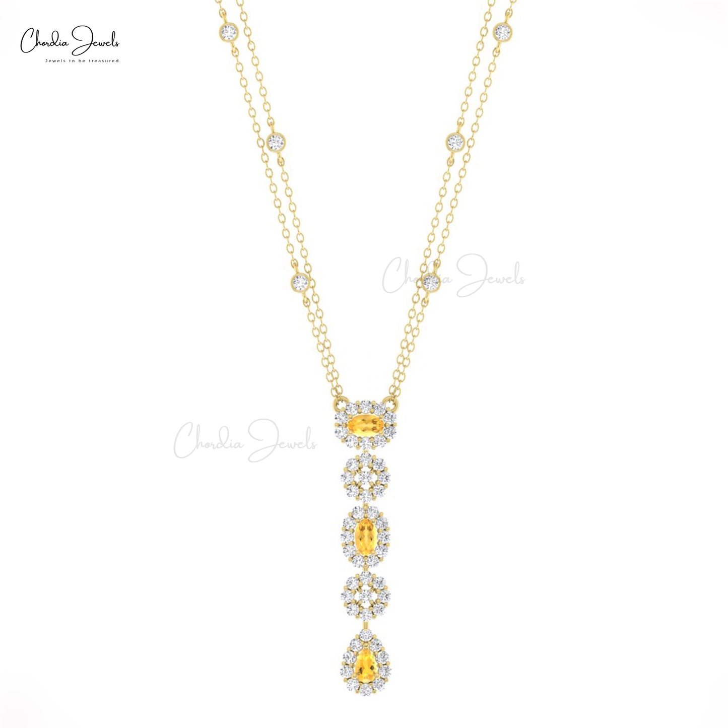 Solid 14k Gold Halo Lariat Necklace With 5x3mm Citrine And Diamond Accents Bridal Necklace