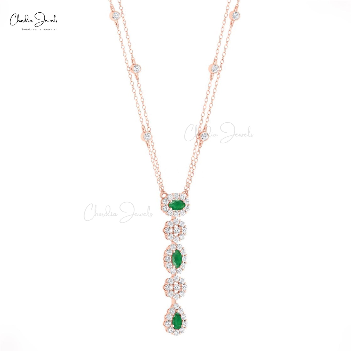 Halo Y Drop Chain Necklace With 0.63 Ct Emerald Gemstone And Diamond 14k Gold Lariat Necklace