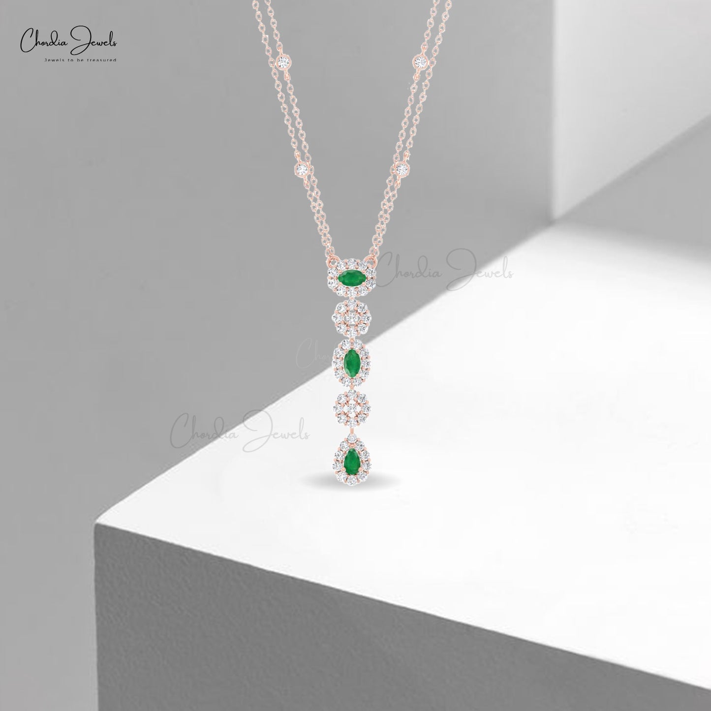 Halo Y Drop Chain Necklace With 0.63 Ct Emerald Gemstone And Diamond 14k Gold Lariat Necklace