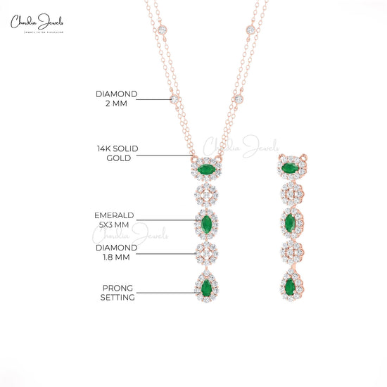 Halo Y Drop Chain Necklace With 0.63 Ct Emerald Gemstone And Diamond 14k Gold Lariat Necklace