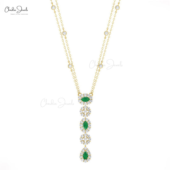 Halo Y Drop Chain Necklace With 0.63 Ct Emerald Gemstone And Diamond 14k Gold Lariat Necklace