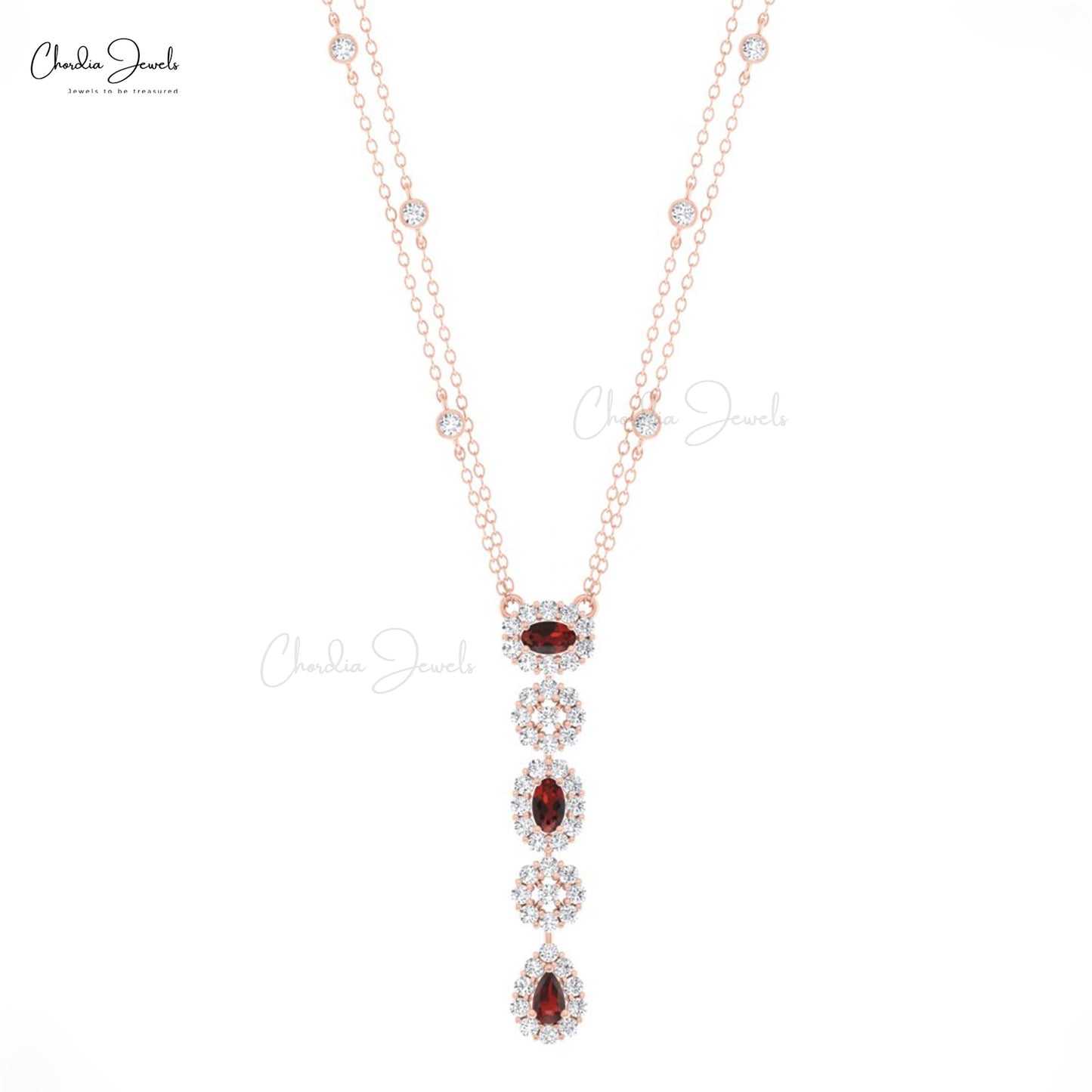 Lariat Necklace With 0.6 CT Red Garnet And Diamond Halo Wedding Necklace In 14k Real Gold