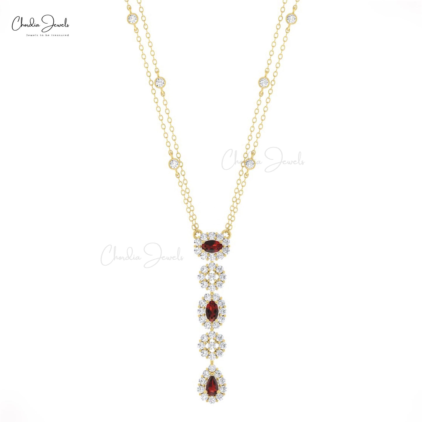 Lariat Necklace With 0.6 CT Red Garnet And Diamond Halo Wedding Necklace In 14k Real Gold