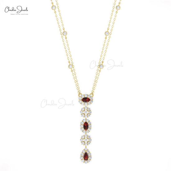 Lariat Necklace With 0.6 CT Red Garnet And Diamond Halo Wedding Necklace In 14k Real Gold