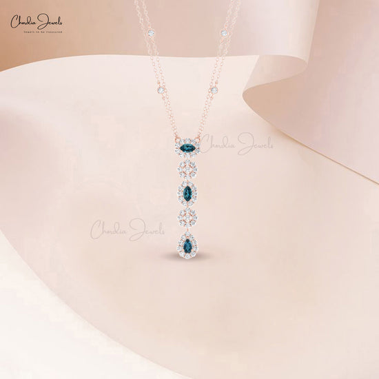 Multiple Halo Necklace With 5x3mm London Blue Topaz and Diamond Accents 14k Gold Chain Necklace