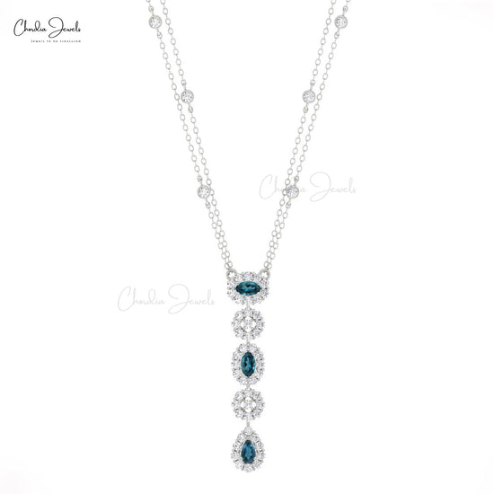 Multiple Halo Necklace With 5x3mm London Blue Topaz and Diamond Accents 14k Gold Chain Necklace