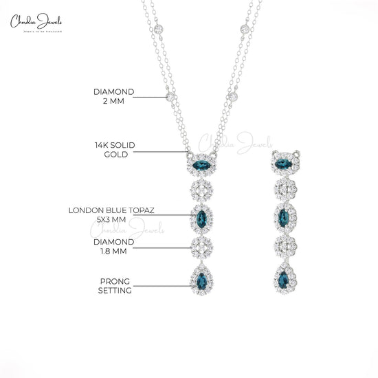 Multiple Halo Necklace With 5x3mm London Blue Topaz and Diamond Accents 14k Gold Chain Necklace