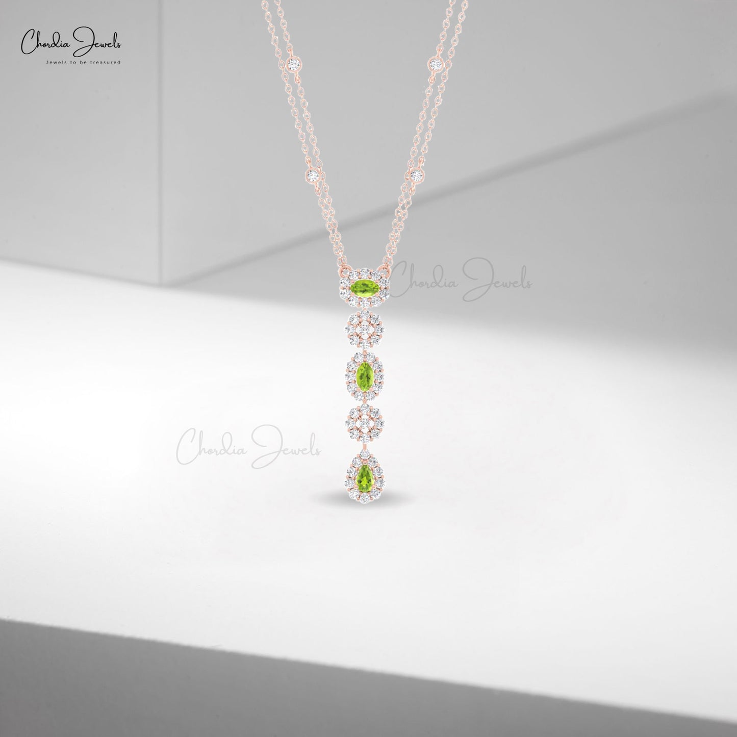 Solid 14k Gold Lariat Necklace With 0.6 CT Peridot And Pave Set Diamond Halo Wedding Necklace