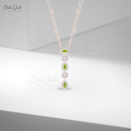 Solid 14k Gold Lariat Necklace With 0.6 CT Peridot And Pave Set Diamond Halo Wedding Necklace