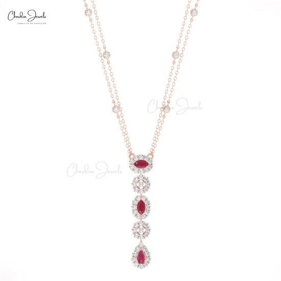 Natural 0.63 CTW Ruby Lariat Necklace 14k Solid Gold Diamond Exclusive Halo Necklace