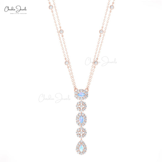 Y Drop Lariat Necklace With 5x3mm Moonstone And Diamond Halo Bridal 14k Solid Gold Necklace