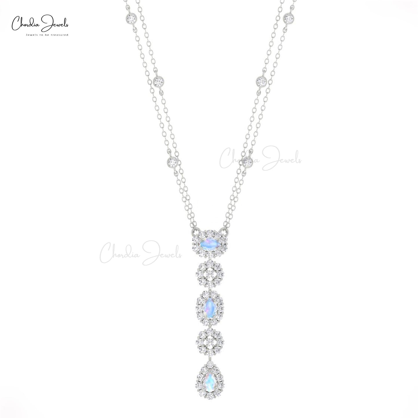 Y Drop Lariat Necklace With 5x3mm Moonstone And Diamond Halo Bridal 14k Solid Gold Necklace