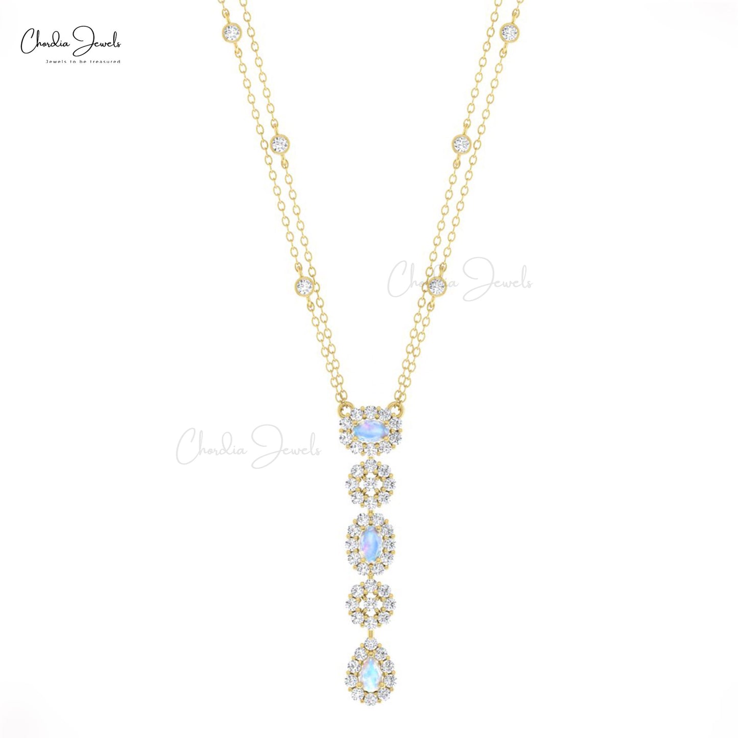 Y Drop Lariat Necklace With 5x3mm Moonstone And Diamond Halo Bridal 14k Solid Gold Necklace