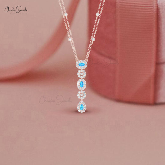 Halo Lariat 14k Solid Gold Chain Necklace With 5x3mm Swiss Blue Topaz And Diamond Women Necklace