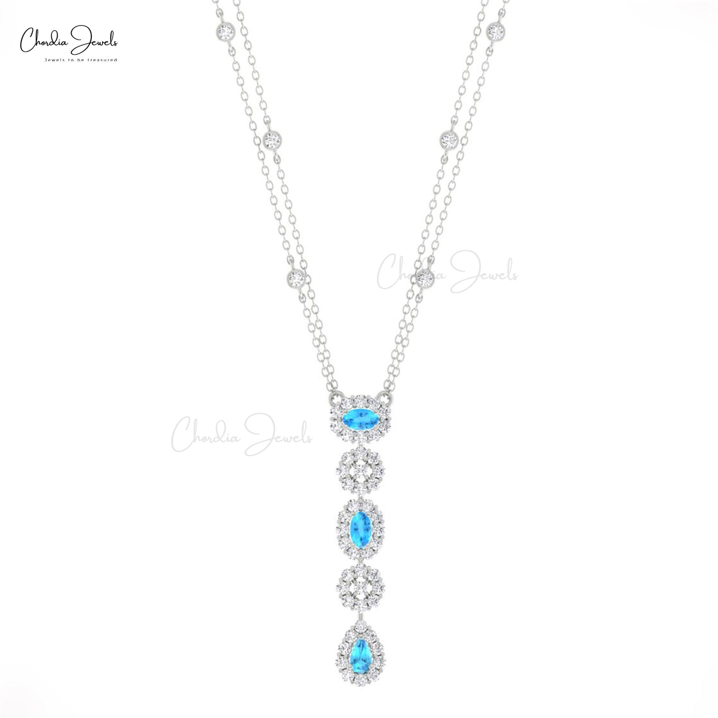 Halo Lariat 14k Solid Gold Chain Necklace With 5x3mm Swiss Blue Topaz And Diamond Women Necklace