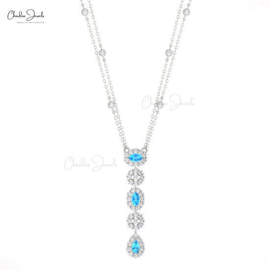 Halo Lariat 14k Solid Gold Chain Necklace With 5x3mm Swiss Blue Topaz And Diamond Women Necklace