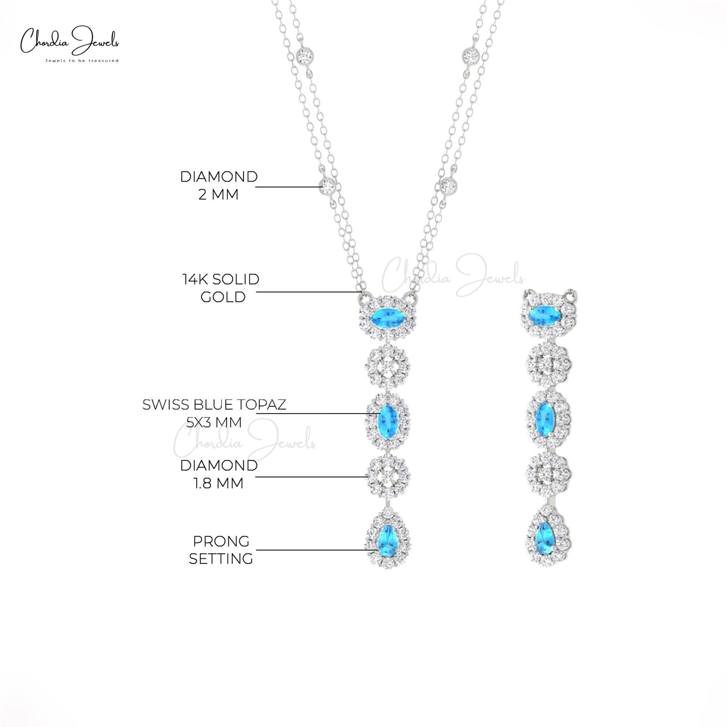 Halo Lariat 14k Solid Gold Chain Necklace With 5x3mm Swiss Blue Topaz And Diamond Women Necklace