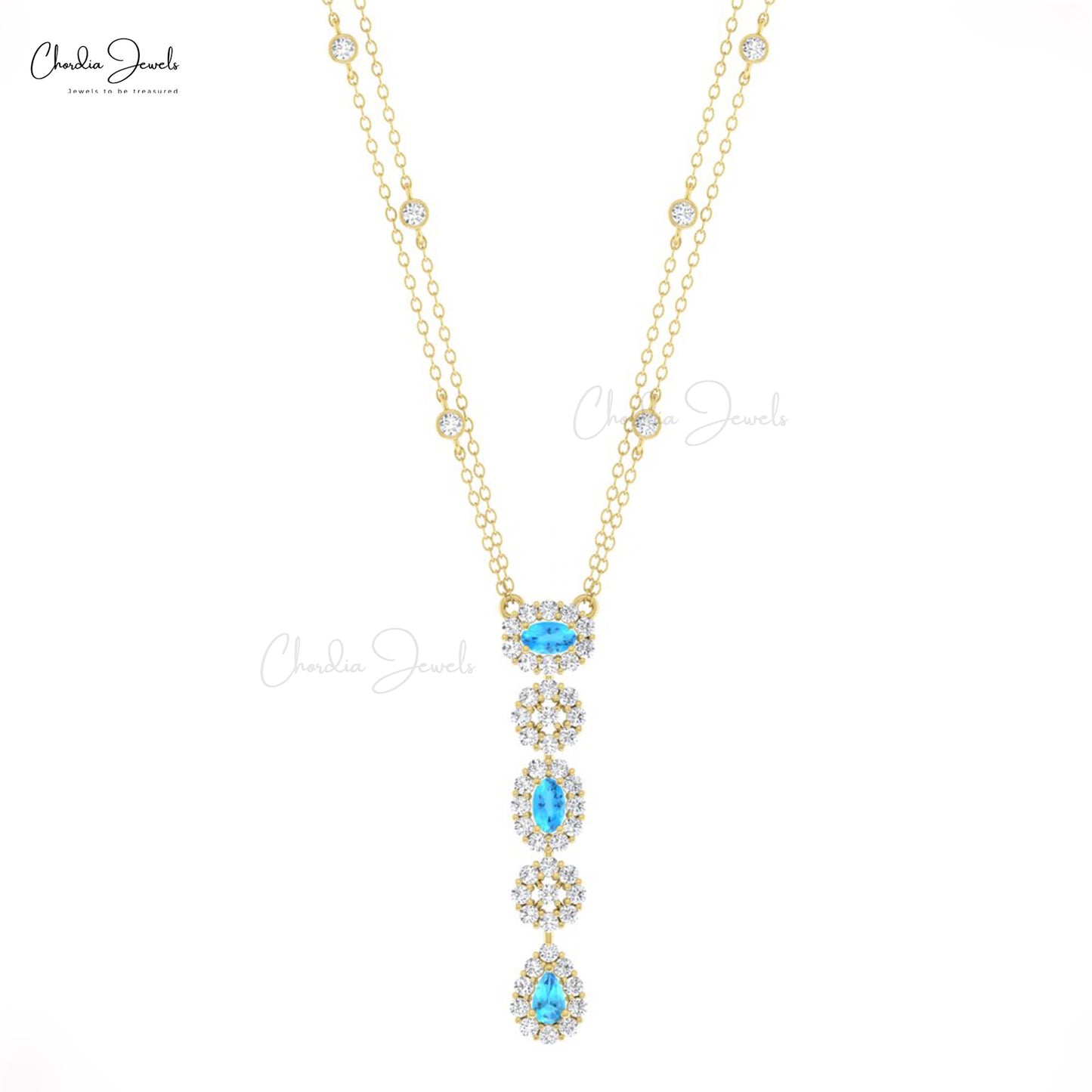 Halo Lariat 14k Solid Gold Chain Necklace With 5x3mm Swiss Blue Topaz And Diamond Women Necklace