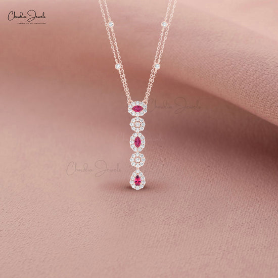 Y Drop Halo Necklace In 14k Solid Gold With 5x3mm Pink Tourmaline & G-H Diamond Bridal Necklace