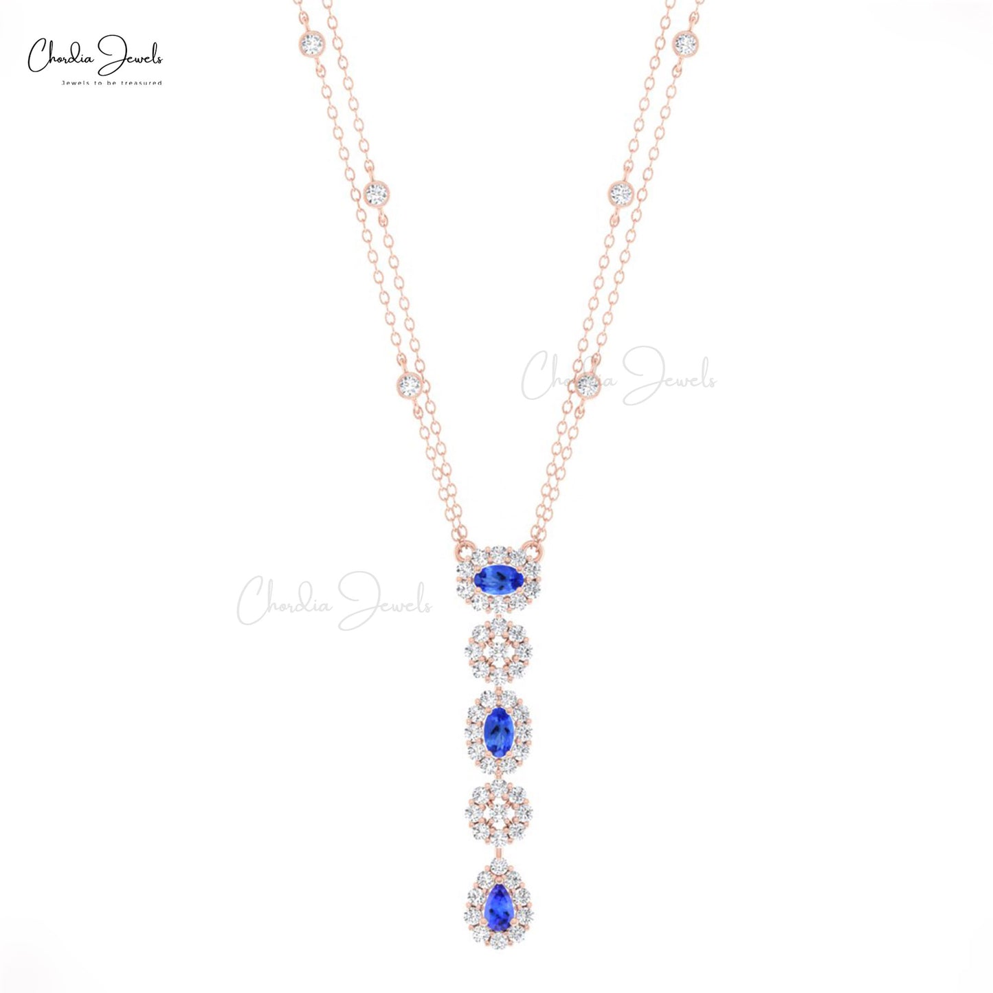 Cluster Halo 0.63Ct Blue Tanzanite 14k Solid Gold Diamond Lariat Chain Necklace