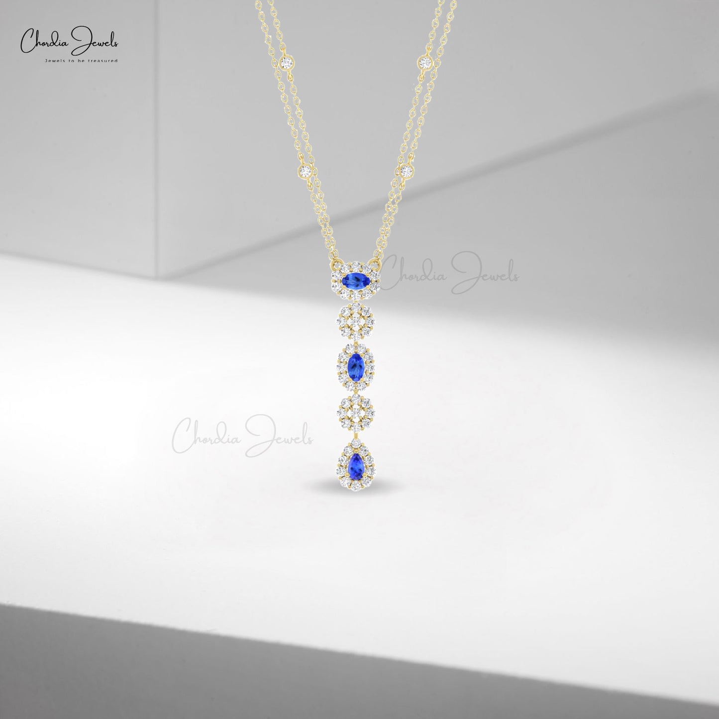 Cluster Halo 0.63Ct Blue Tanzanite 14k Solid Gold Diamond Lariat Chain Necklace