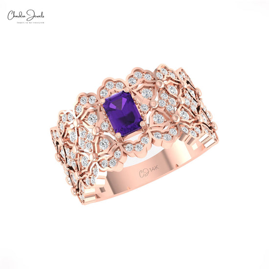 Statement Wedding Ring with 0.6 Ct Amethyst Diamond Accents In 14k Real Gold Cocktail Ring