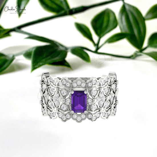 Statement Wedding Ring with 0.6 Ct Amethyst Diamond Accents In 14k Real Gold Cocktail Ring