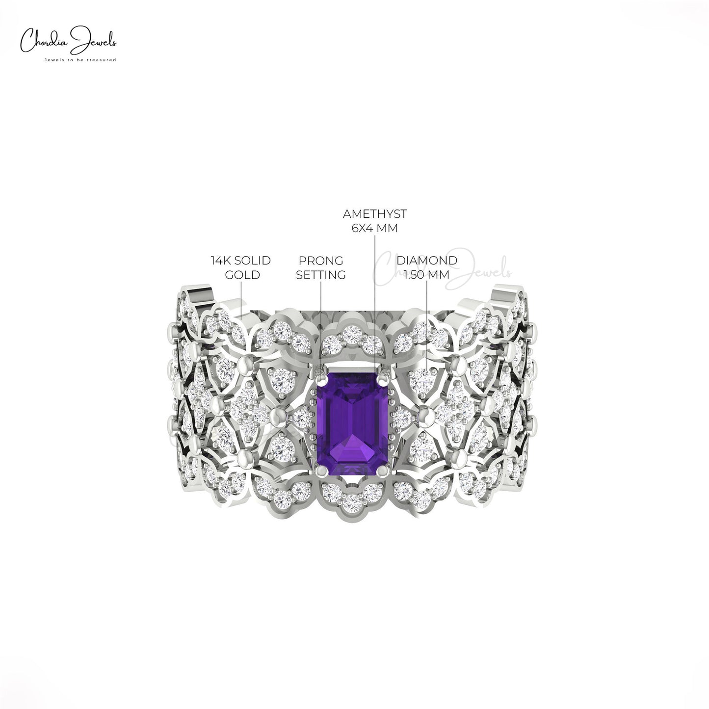 Statement Wedding Ring with 0.6 Ct Amethyst Diamond Accents In 14k Real Gold Cocktail Ring