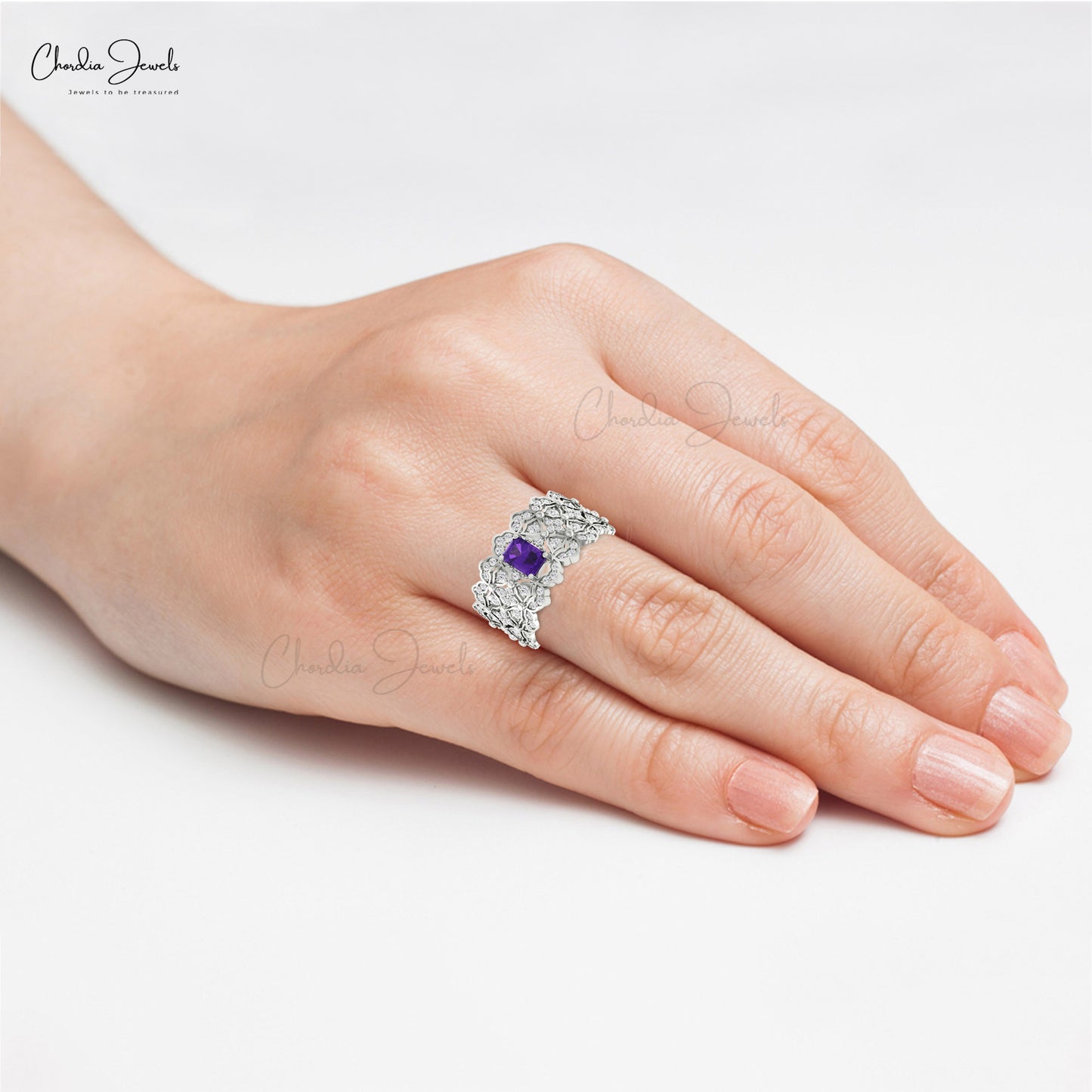 Statement Wedding Ring with 0.6 Ct Amethyst Diamond Accents In 14k Real Gold Cocktail Ring