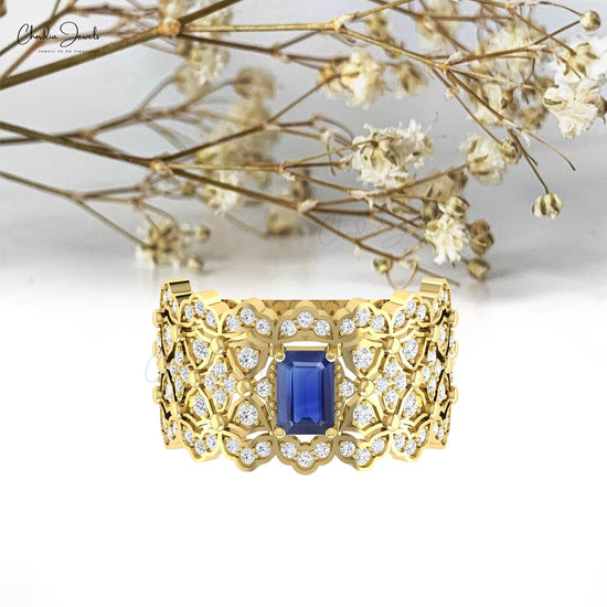 Statement Wedding Ring In 0.6 Ct Blue Sapphire & Diamond 14k Real Gold Signature Cocktail Ring