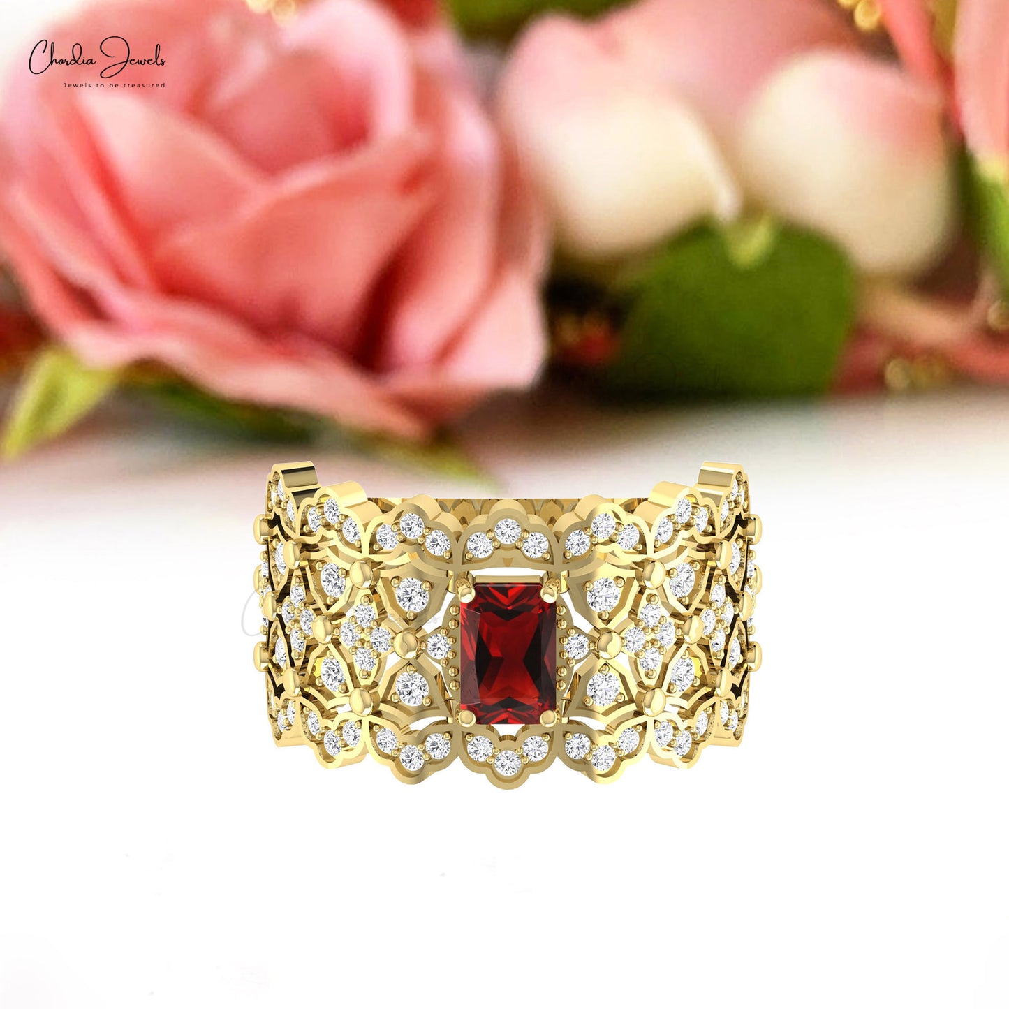 Signature Cocktail 14k Gold Ring With 6x4mm Red Garnet With Dainty Diamond Statement Ring