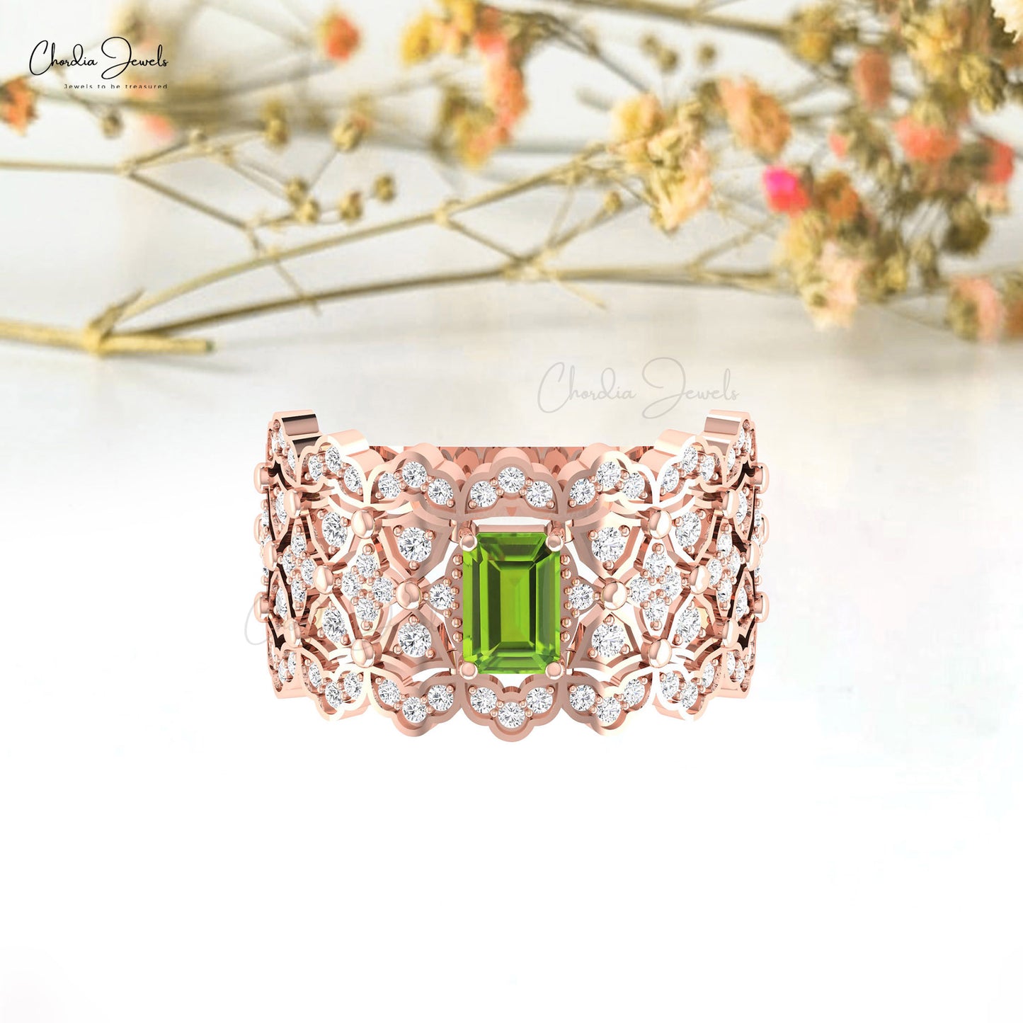 Cocktail Statement Ring in 0.6 Ct Peridot And Diamond Real 14k Gold Wedding Ring