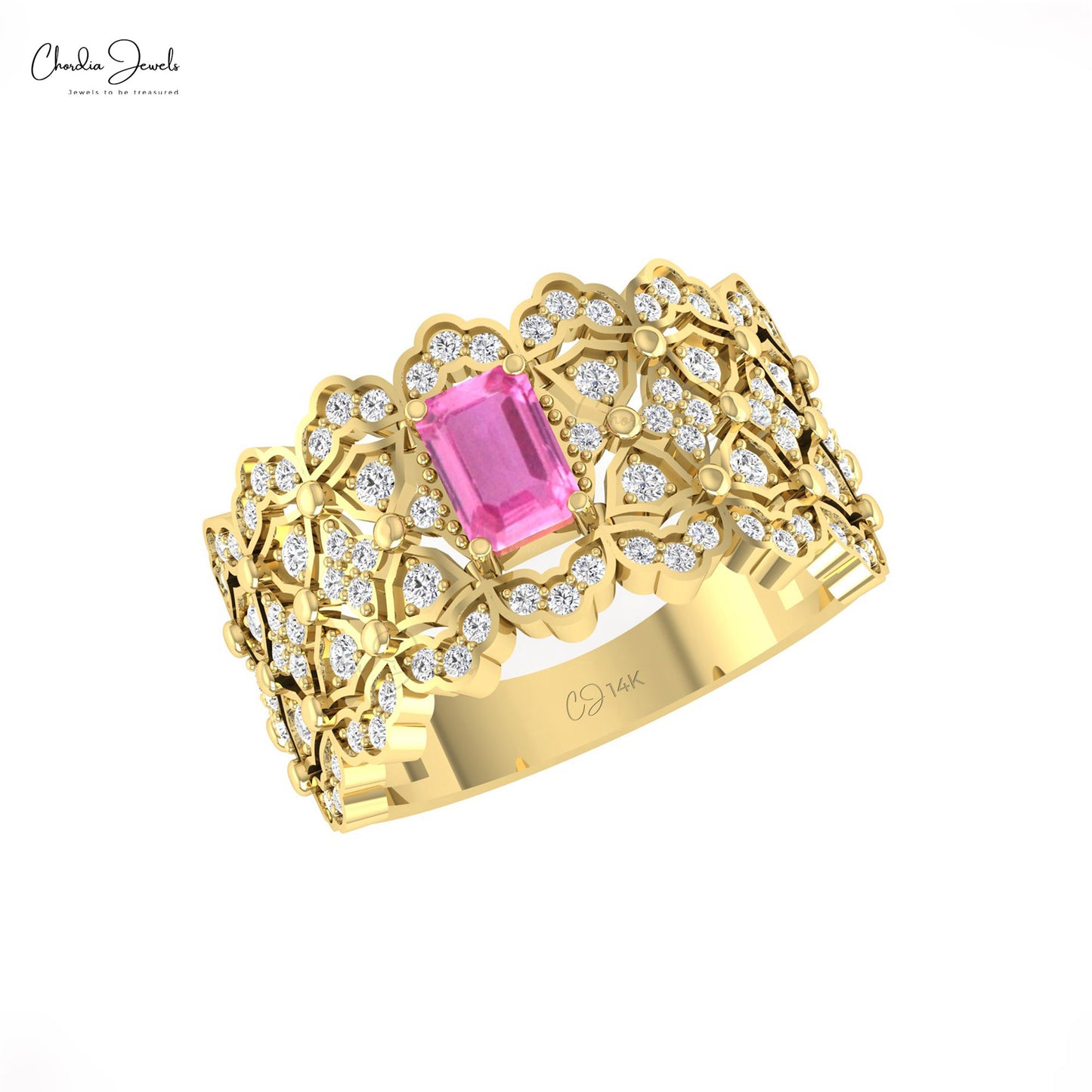 Cocktail Engagement Ring With 14k Solid Gold Octagon 6x3mm Pink Sapphire Diamond Ring