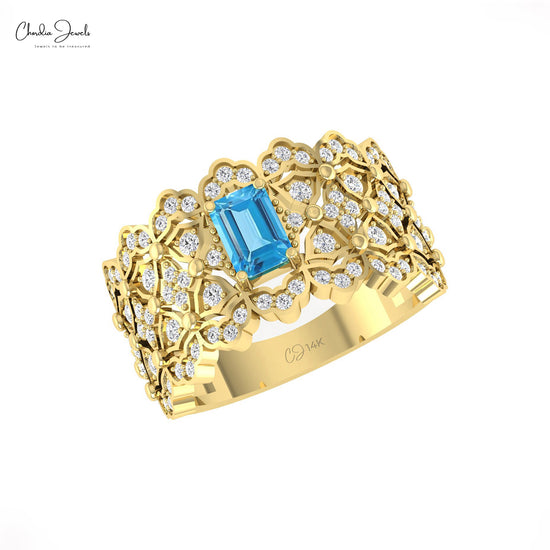 Signature Cocktail Ring With 6x4mm Blue Topaz And Diamond Ring In 14k Solid Gold Fine Jewelry