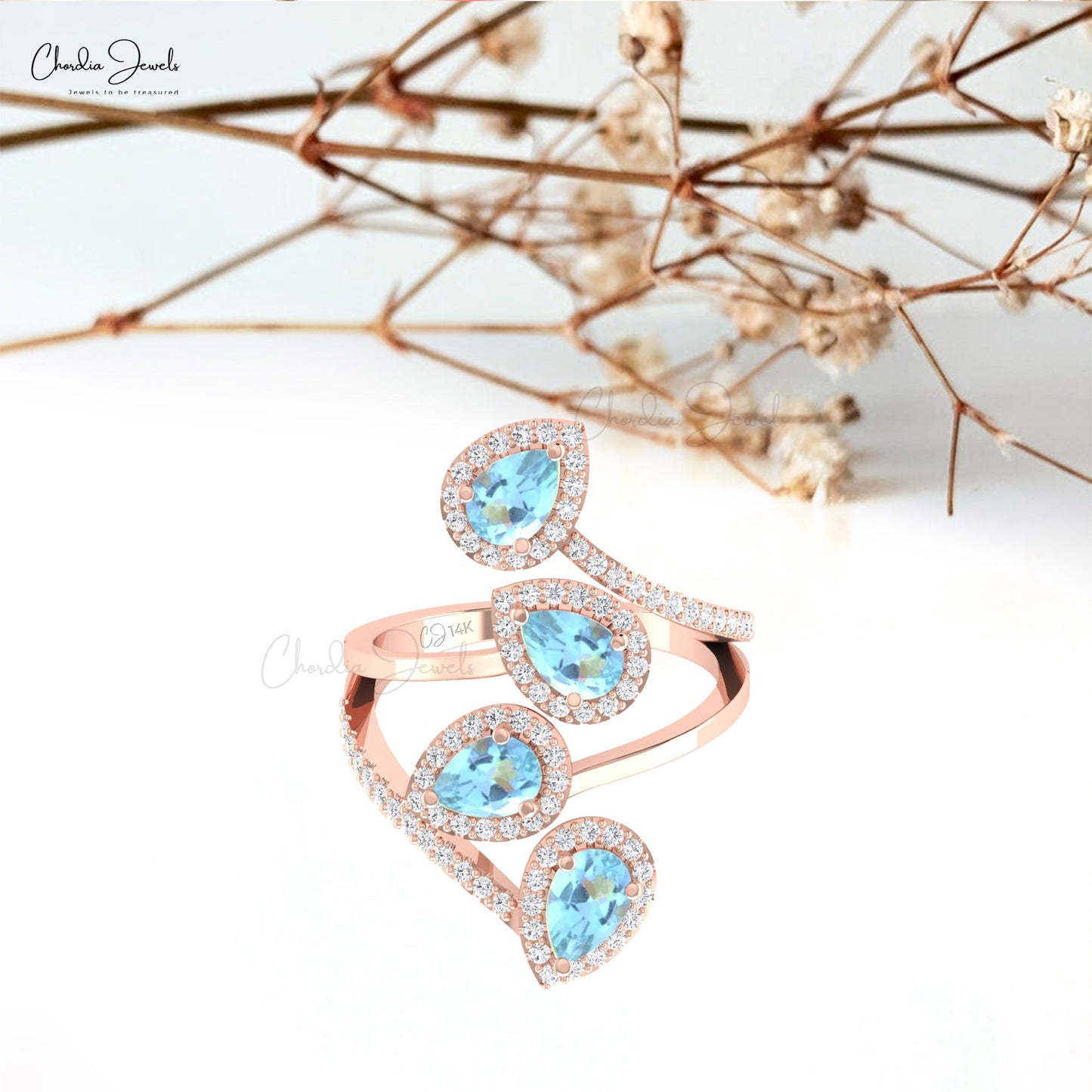 Solid 14k Gold Cocktail Wrap Ring 6x4mm Aquamarine And Halo Diamond Leaf Design Ring