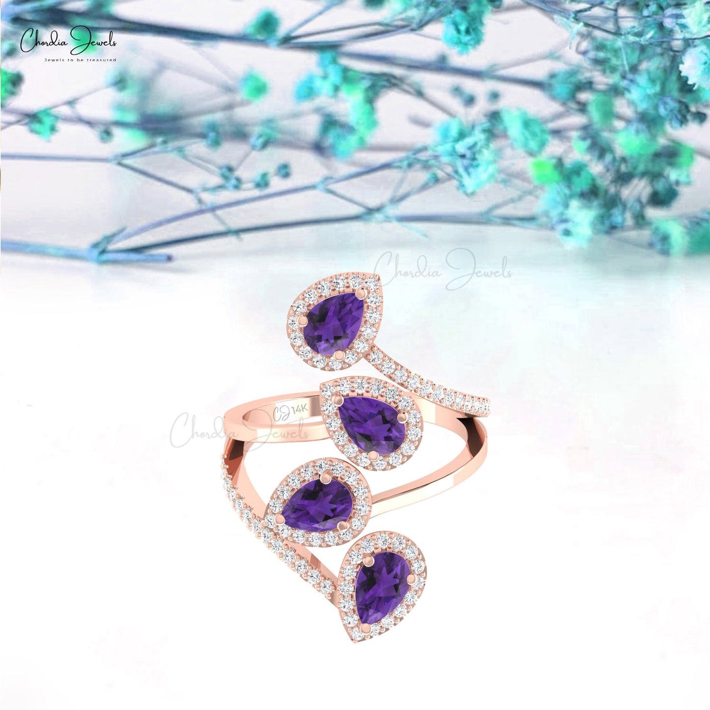 Delicate Cocktail Wrap Ring 14k Solid Gold 1.5 CTW Amethyst & Diamond Halo Ring