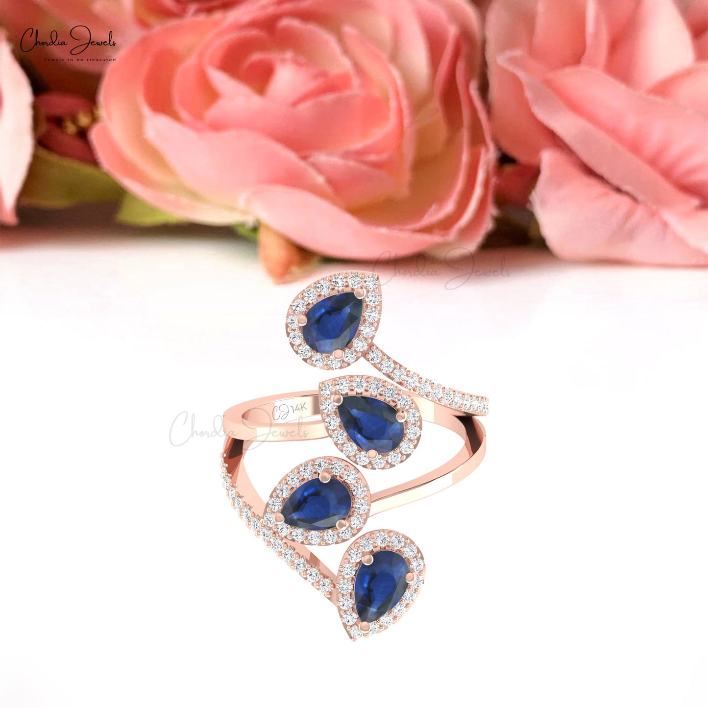 Cocktail Halo Wrap Ring In 2.56 Ct Blue Sapphire And Diamond 14k Solid Gold Leaf Ring