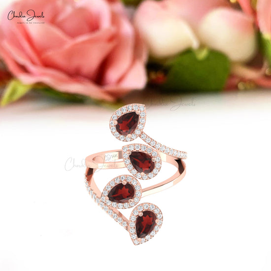 Solid 14k Gold Leaf Design Cocktail ring 6x4mm Pear Cut Garnet And Diamond Halo Ring